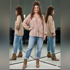 Boho Paisley 2XL Floral Artisy Tassel Cottagecore Popover Ruffle Flowy Top New